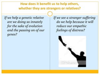 How does it benefit us to help others, whether they are strangers or relatives?If we help a genetic relative are we doing so innately for the sake of evolution and the passing on of our genes?If we see a stranger suffering do we help because it will reduce our empathic feelings of distress? 