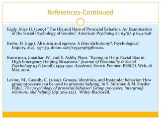 References- ContinuedClark, D. (2003). Bystander effects on pro-social behavior. Pro-social and Anti-Social Behaviour (pp. 60). New York: Routledge. Crowther, Simon.  Levine, Mark. (2008) “The Responsive Bystander: How Social Group Membership and Group Size Can Encourage as Well as Inhibit Bystander Intervention.” Journal of Personality and Social Psychology, 96(6) p.1429-1439 C. Daniel, B., Karen, O., Jim, F., Mary, V., & Alice M., I. (1983). Influence of self-reported distress and empathy on egoistic versus altruistic motivation to help. Journal of Personality and Social Psychology, 45(3), 706-718. doi:10.1037/0022-3514.45.3.706. De Lancie, P. (2010, March 8). Tweeting to Save the Planet: The Role-And Limits-of Social Media in Environmental Solutions. Econtent Magazine. Retrieved March 18, 2010, from http://www.econtentmag.com/Articles/Editorial/Feature/Tweeting-to-Save-the-Planet-The-Role-And-Limits-of-Social-Media-in-Environmental-Solutions-61567.htm.Dovidio, John F. Penner, Louis A. Pillavian, Jane A. Schroeder, David A. (2006) “The Social Psychology of Prosocial Behavior.” Lawrence Erlbaum Associates, Inc.