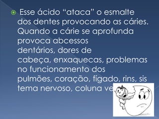  Esse ácido “ataca” o esmalte dos dentes provocando as cáries. Quando a cárie se aprofunda provoca abcessos dentários, dores de cabeça, enxaquecas, problemas no funcionamento dos pulmões, coração, fígado, rins, sistema nervoso, coluna vertebral …