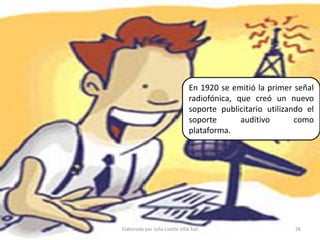 En 1920 se emitió la primer señal radiofónica, que creó un nuevo soporte publicitario utilizando el soporte auditivo como plataforma.26Elaborado por Julia Lizette Villa Tun