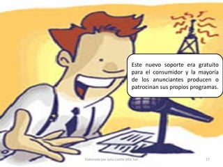 Este nuevo soporte era gratuito para el consumidor y la mayoría de los anunciantes producen o patrocinan sus propios programas.27Elaborado por Julia Lizette Villa Tun