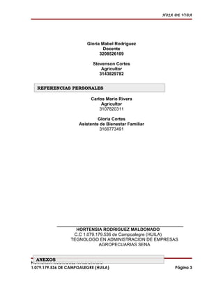 HOJA DE VIDA




                         Gloria Mabel Rodriguez
                                 Docente
                               3208526109

                            Stevenson Cortes
                                Agricultor
                               3143829782


  REFERENCIAS PERSONALES

                           Carlos Mario Rivera
                                Agricultor
                               3107820311

                               Gloria Cortes
                      Asistente de Bienestar Familiar
                                3166773491




           ____________________________________________________
                   HORTENSIA RODRIGUEZ MALDONADO
                  C.C 1.079.179.536 de Campoalegre (HUILA)
                 TEGNOLOGO EN ADMINISTRACION DE EMPRESAS
                             AGROPECUARIAS SENA


  ANEXOS
HORTENSIA RODRIGUEZ MALDONADO
1.079.179.536 DE CAMPOALEGRE (HUILA)                         Página 3
 