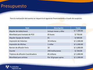 Presupuesto Para la realización del evento se requerirá el siguiente financiamiento a través de auspicios: Item  Descripción Costo  Alquiler de toldo/stand  incluye mesas y sillas S/ 7,300.00 Movilidad para traslado de PCD 05 buses S/ 750.00 Alquiler Equipo de Sonido 01 S/ 600.00 Impresión de Volantes  10 millares S/ 1,500.00 Impresión de Afiches  1 millar S/ 1,500.00 Banner de difusión Feria  10 S/ 1,000.00 Courier 250 instituciones  S/ 250.00 Trípticos de difusión Coordinadora  05 millares S/ 1,000.00 Movilidad para artistas  Por 10 grupos aprox.  S/ 1,500.00 