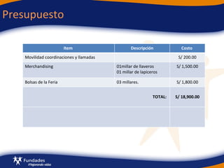Presupuesto Item  Descripción Costo  Movilidad coordinaciones y llamadas S/ 200.00 Merchandising 01millar de llaveros 01 millar de lapiceros S/ 1,500.00 Bolsas de la Feria 03 millares. S/ 1,800.00 TOTAL:  S/ 18,900.00 