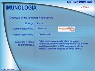 IMUNOLOGIA SISTEMA IMUNITÁRIO © Artur Melo 2006 ►   Vírus Doenças virais humanas importantes Doença Agente patogénico Sintomas e modo de transmissão Vector/reservatório Ébola Filovírus Desconhecido Febre hemorrágica aguda; ataca os tecidos conjuntivos, levando a hemorragias massiva e morte. Mortalidade de 50% a 90% se a doença não for tratada. Confinada a regiões da África central. 