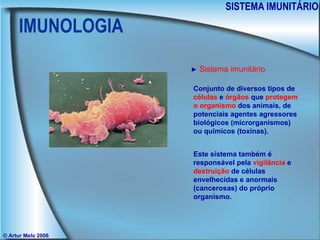 IMUNOLOGIA SISTEMA IMUNITÁRIO © Artur Melo 2006 ►   Sistema imunitário Conjunto de diversos tipos de  células  e  órgãos  que  protegem o organismo  dos animais, de potenciais agentes agressores biológicos (microrganismos) ou químicos (toxinas). Este sistema também é responsável pela  vigilância  e  destruição  de células envelhecidas e anormais (cancerosas) do próprio organismo. 