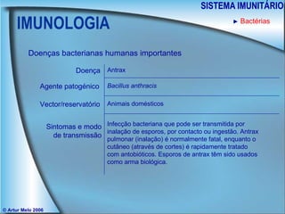IMUNOLOGIA SISTEMA IMUNITÁRIO © Artur Melo 2006 ►   Bactérias Doenças bacterianas humanas importantes Doença Agente patogénico Sintomas e modo de transmissão Vector/reservatório Antrax Bacillus anthracis Animais domésticos Infecção bacteriana que pode ser transmitida por inalação de esporos, por contacto ou ingestão. Antrax pulmonar (inalação) é normalmente fatal, enquanto o cutâneo (através de cortes) é rapidamente tratado com antobióticos. Esporos de antrax têm sido usados como arma biológica. 