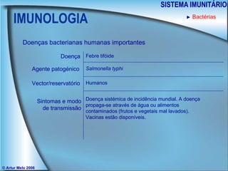 IMUNOLOGIA SISTEMA IMUNITÁRIO © Artur Melo 2006 ►   Bactérias Doenças bacterianas humanas importantes Doença Agente patogénico Sintomas e modo de transmissão Vector/reservatório Febre tifóide Salmonella typhi Humanos Doença sistémica de incidência mundial. A doença propaga-se através de água ou alimentos contaminados (frutos e vegetais mal lavados). Vacinas estão disponíveis.  