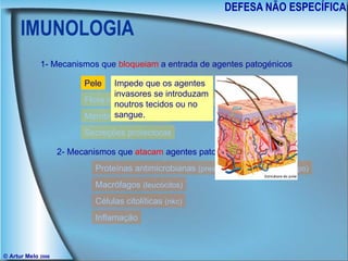 IMUNOLOGIA DEFESA NÃO ESPECÍFICA © Artur Melo  2006 1- Mecanismos que  bloqueiam  a entrada de agentes patogénicos 2- Mecanismos que  atacam  agentes patogénicos invasores Pele Flora normal  (bactérias e fungos que vivem nos epitélios) Membranas mucosas Secreções protectoras Proteínas antimicrobianas  (presentes nos fluidos do corpo) Macrófagos  (leucócitos) Células citolíticas  (nkc) Inflamação Impede que os agentes invasores se introduzam noutros tecidos ou no sangue. 