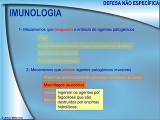 IMUNOLOGIA DEFESA NÃO ESPECÍFICA © Artur Melo  2006 1- Mecanismos que  bloqueiam  a entrada de agentes patogénicos 2- Mecanismos que  atacam  agentes patogénicos invasores Pele Flora normal  (bactérias e fungos que vivem nos epitélios) Membranas mucosas Secreções protectoras Proteínas antimicrobianas  (presentes nos fluidos do corpo) Macrófagos  (leucócitos) Células citolíticas  (nkc) Inflamação Ingerem os agentes por fagocitose que são destruídos por enzimas hidrolíticas. 