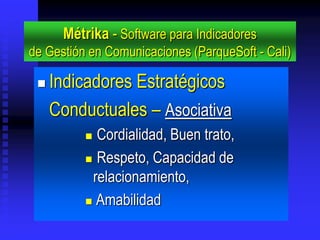 Métrika - Software para Indicadores
de Gestión en Comunicaciones (ParqueSoft - Cali)

    Indicadores Estratégicos
     Conductuales – Asociativa
           Cordialidad, Buen trato,
           Respeto, Capacidad de
           relacionamiento,
           Amabilidad
 