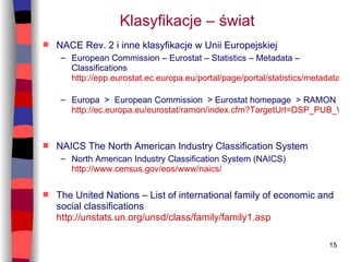 Klasyfikacje – świat   <ul><li>NACE Rev. 2 i inne klasyfikacje w Unii Europejskiej </li></ul><ul><ul><li>European Commissi...