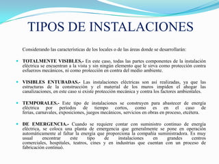 TIPOS DE INSTALACIONES
   Considerando las características de los locales o de las áreas donde se desarrollarán:

 TOTALMENTE VISIBLES.- En este caso, todas las partes componentes de la instalación
  eléctrica se encuentran a la vista y sin ningún elemento que le sirva como protección contra
  esfuerzos mecánicos, ni como protección en contra del medio ambiente.

 VISIBLES ENTUBADAS.- Las instalaciones eléctricas son así realizadas, ya que las
  estructuras de la construcción y el material de los muros impiden el ahogar las
  canalizaciones, en este caso si existe protección mecánica y contra los factores ambientales.

 TEMPORALES.- Este tipo de instalaciones se construyen para abastecer de energía
  eléctrica por períodos de tiempo cortos, como es en el caso de
  ferias, carnavales, exposiciones, juegos mecánicos, servicios en obras en proceso, etcétera.

 DE EMERGENCIA.- Cuando se requiere contar con suministro continuo de energía
  eléctrica, se coloca una planta de emergencia que generalmente se pone en operación
  automáticamente al faltar la energía que proporciona la compañía suministradora. Es muy
  usual      encontrar    este     tipo   de    instalaciones   en     grandes     centros
  comerciales, hospitales, teatros, cines y en industrias que cuentan con un proceso de
  fabricación continuó.
 