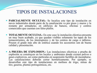 TIPOS DE INSTALACIONES
 PARCIALMENTE OCULTAS.- Se localiza este tipo de instalación en
  naves industriales donde parte de la canalización va por pisos y muros y la
  restante por armaduras; en edificios de bancos, oficinas y centros
  comerciales que cuentan con falso plafón.

 TOTALMENTE OCULTAS.- En este caso la instalación eléctrica presenta
  un muy buen acabado, ya que quedan visibles solamente las tapas de los
  tomacorrientes, de los interruptores y de los centros de carga o tableros.
  Poseen el grado más alto de estética cuando los accesorios son de buena
  calidad y presentación.

 A PRUEBA DE EXPLOSION.- Las instalaciones eléctricas a prueba de
  explosión se construyen en los locales y ambientes donde existen polvos o
  gases explosivos, así como partículas en suspensión factibles de incendiarse.
  Las canalizaciones deberán cerrar herméticamente. Por ejemplo, se
  desarrollan este tipo de instalaciones en molinos de trigo, minas de
  tiro, gaseras, plantas petroquímicas, etc.
 