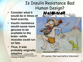 Is Insulin Resistance Bad
                              Human Design?
• Consider what it
  would do in times of
  food scarcity.
• Insulin resistance
  would cause more
  glucose to be
  available to the
  brain –while
  muscles could run
  on fats.
• Thus, it was
  probably originally
  adaptive (Landsberg 2006,
  Clinical and Experimental Pharmacology and
  Physiology 33: 863-867.)
                                               Of course, that was before television!

                                                                                        15
 