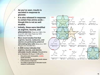 •   As you’ve seen, insulin is
    secreted in response to
    glucose.
•   It is also released in response
    to certain free amino acids –
    though this is not as well
    studied.
•   Initially, these were identified
    as arginine, leucine, and
    phenylalanine (Floyd et al 1966 J Clin
    Invest 45, 1487-1502; Floyd et al 1970
    Diabetes 19, 102-108.)
•   More recent studies find that
    arginine, leucine, isoleucine, and
    alanine are particularly potent at
    stimulating beta cells (Bolea et al, 1997.
    Pflugers Arch 433:699-704.)
•   A 2006 review indicates that
    arginine, leucine, and alanine,
    stimulate insulin release (Newsholme
    et al Diabetes 55 Sup 2: S39-s47).
    •   One amino acid, homocystein, inhibits
        insulin secretion.
    •   Glutamine can only stimulate insulin release
        in the presence of glucose.
    •   The ability of glutamate to stimulate insulin
        release is controversial.




                                                        16
 
