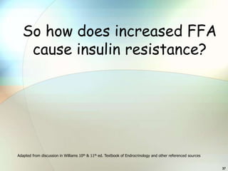 So how does increased FFA
   cause insulin resistance?




Adapted from discussion in Williams 10th & 11th ed. Textbook of Endrocrinology and other referenced sources


                                                                                                              37
 