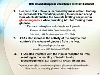 Note also what happens when there’s excess FFA around?

1.    Heapatic FFA uptake is increased by mass action, leading
      to increased FFA oxidation, leading to increased acetyl
      CoA which stimulates the two rate limiting enzymes* in
      gluconeogenesis while providing ATP for forming more
      glucose.
            * Pyruvate carboxylase and phosphoenolpyruvate
                Exton et al, 1966 J Biol Chem 244 4095-4102;
                Bahl et al, 1997 Biochem pharmacol 53, 67-74.
2.    FFAs also increase the activity of the enzyme that
      controls the release of glucose from the liver.
                        Glucose-6-phosphatase
                   Massillon et al 1996. Diabetes 46 153-157.

3.     FFAs also interfere with the insulin receptor on liver,
       resulting in the inability of insulin to stop
       gluconeogenesis. Lam et al 2003 Am J Physiol 284 E863-E873.
     Together, these effects can increase plasma glucose at a time when the
           liver should be removing glucose. More terrible news!!

                                                                              77
 