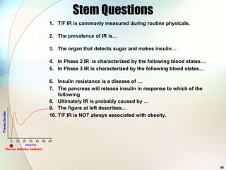 Stem Questions
1. T/F IR is commonly measured during routine physicals.

2. The prevalence of IR is…

3. The organ that detects sugar and makes insulin…

4. In Phase 2 IR is characterized by the following blood states…
5. In Phase 3 IR is characterized by the following blood states…

6. Insulin resistance is a disease of …
7. The pancreas will release insulin in response to which of the
    following
8. Ultimately IR is probably caused by …
9. The figure at left describes…
10. T/F IR is NOT always associated with obesity.




                                                                   90
 