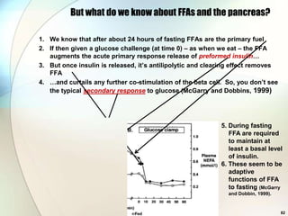 But what do we know about FFAs and the pancreas?

1. We know that after about 24 hours of fasting FFAs are the primary fuel
2. If then given a glucose challenge (at time 0) – as when we eat – the FFA
   augments the acute primary response release of preformed insulin…
3. But once insulin is released, it’s antilipolytic and clearing effect removes
   FFA
4. …and curtails any further co-stimulation of the beta cell. So, you don’t see
   the typical secondary response to glucose (McGarry and Dobbins, 1999)




                                                            5. During fasting
                                                               FFA are required
                                                               to maintain at
                                                               least a basal level
                                                               of insulin.
                                                            6. These seem to be
                                                               adaptive
                                                               functions of FFA
                                                               to fasting (McGarry
                                                              and Dobbin, 1999).


                                                                                   82
 