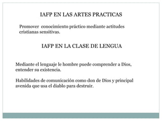 IAFP EN LAS ARTES PRACTICAS Promover  conocimiento práctico mediante actitudes cristianas sensitivas. IAFP EN LA CLASE DE LENGUA Mediante el lenguaje le hombre puede comprender a Dios,  entender su existencia. Habilidades de comunicación como don de Dios y principal avenida que usa el diablo para destruir. 