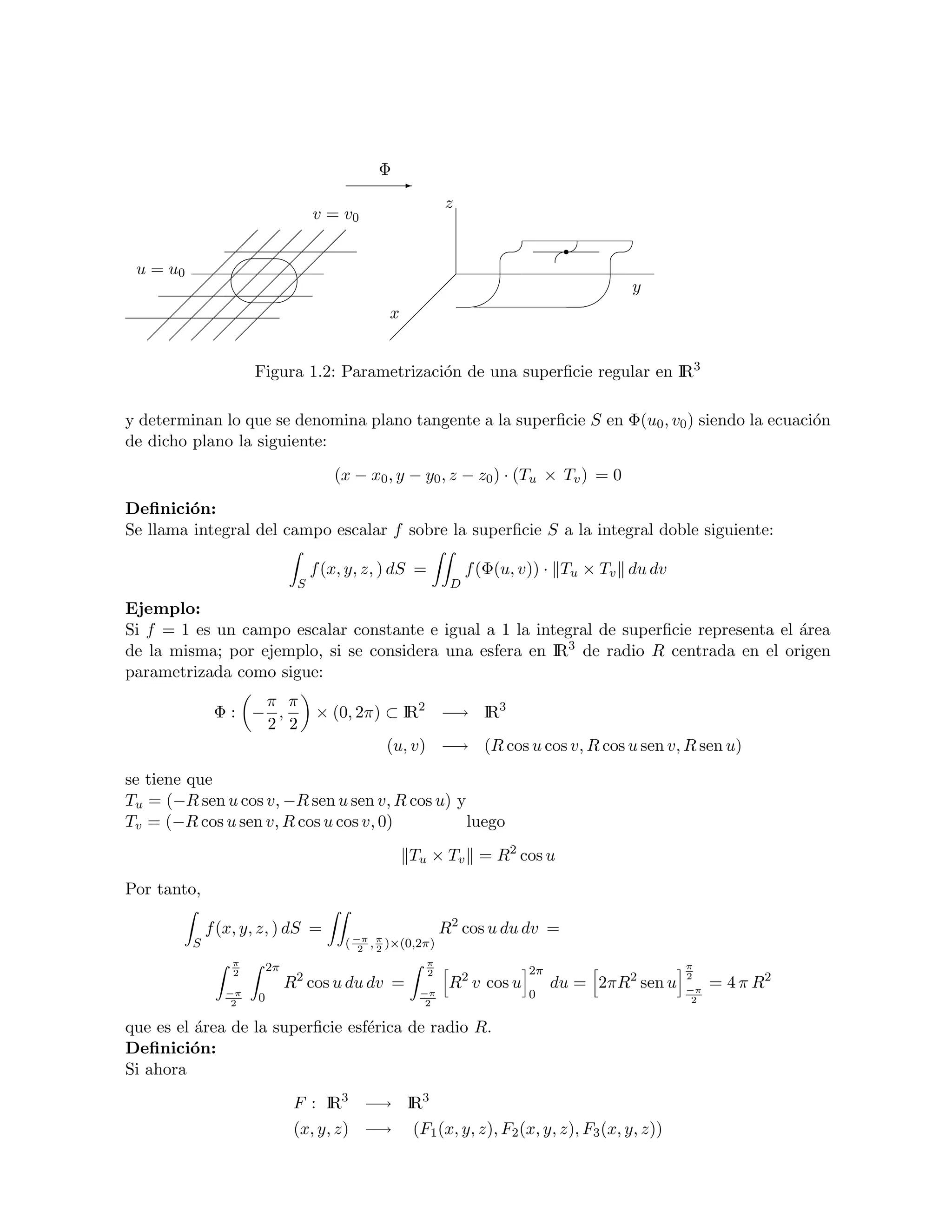 Φ
                                                  E
                                                            z
                                   v = v0
                     
                                                                         r
                                                                     © © ©
           ' $
                   
 u = u0          
                                                             
                                                                                          y
                %
                                                                    7                 7
                                                x 
                                                 

                     Figura 1.2: Parametrizaci´n de una superﬁcie regular en IR3
                                              o

y determinan lo que se denomina plano tangente a la superﬁcie S en Φ(u0 , v0 ) siendo la ecuaci´n
                                                                                               o
de dicho plano la siguiente:
                                      (x − x0 , y − y0 , z − z0 ) · (Tu × Tv ) = 0
Deﬁnici´n:
        o
Se llama integral del campo escalar f sobre la superﬁcie S a la integral doble siguiente:

                                   f (x, y, z, ) dS =            f (Φ(u, v)) · Tu × Tv du dv
                               S                             D

Ejemplo:
Si f = 1 es un campo escalar constante e igual a 1 la integral de superﬁcie representa el ´rea
                                                                                          a
de la misma; por ejemplo, si se considera una esfera en IR3 de radio R centrada en el origen
parametrizada como sigue:
                  π π
              Φ: − ,               × (0, 2π) ⊂ IR2 −→ IR3
                  2 2
                                               (u, v) −→ (R cos u cos v, R cos u sen v, R sen u)
se tiene que
Tu = (−R sen u cos v, −R sen u sen v, R cos u) y
Tv = (−R cos u sen v, R cos u cos v, 0)          luego
                                                    Tu × Tv = R2 cos u
Por tanto,

             f (x, y, z, ) dS =                             R2 cos u du dv =
         S                              ( −π , π )×(0,2π)
                                           2 2
                 π                                      π
                 2
                         2π                             2                 2π                       π
                              R2 cos u du dv =               R2 v cos u        du = 2πR2 sen u     2
                                                                                                   −π
                                                                                                        = 4 π R2
                −π
                     0                                 −π                 0                         2
                 2                                      2

que es el ´rea de la superﬁcie esf´rica de radio R.
          a                       e
Deﬁnici´n:
         o
Si ahora
                               F : IR3 −→ IR3
                               (x, y, z) −→           (F1 (x, y, z), F2 (x, y, z), F3 (x, y, z))
 