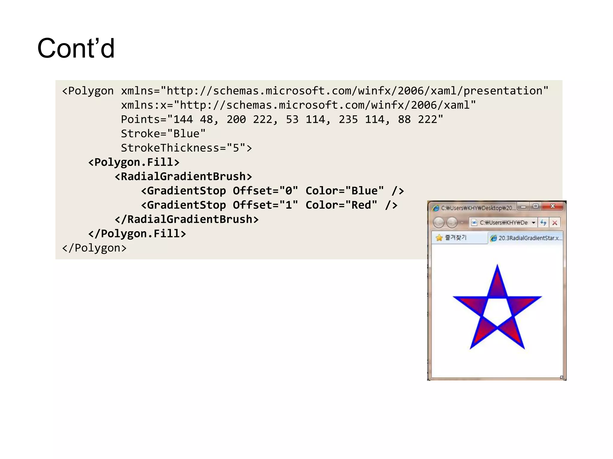 Cont’d<Polygon xmlns="http://schemas.microsoft.com/winfx/2006/xaml/presentation"xmlns:x="http://schemas.microsoft.com/winfx/2006/xaml"         Points="144 48, 200 222, 53 114, 235 114, 88 222"         Stroke="Blue"StrokeThickness="5">    <Polygon.Fill>        <RadialGradientBrush>            <GradientStop Offset="0" Color="Blue" />            <GradientStop Offset="1" Color="Red" />        </RadialGradientBrush>    </Polygon.Fill></Polygon>