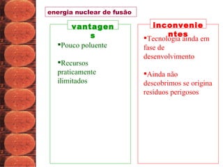 vantagens inconvenientes energia nuclear de fusão Pouco poluente  Recursos praticamente ilimitados  Tecnologia ainda em fase de desenvolvimento  Ainda não descobrimos se origina resíduos perigosos  