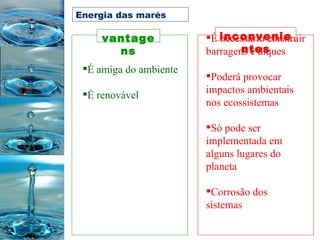 vantagens inconvenientes É amiga do ambiente  É renovável É necessário construir barragens e diques  Poderá provocar impactos ambientais nos ecossistemas  Só pode ser implementada em alguns lugares do planeta  Corrosão dos sistemas  Energia das marés 