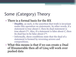 Some (Category) TheoryThere is a formal basis for the RXDuality, as such, is the assertion that truth is invariant under this operation on statements. In other words, if a statement is true about C, then its dual statement is true about Cop. Also, if a statement is false about C, then its dual has to be false about Cop.Informally, these conditions state that the dual of a statement is formed by reversing arrows and compositions.What this means is that if we can create a Dual of IEnumerable then all of Linq will work over pushed data