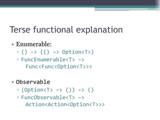 Terse functional explanationEnumerable:() –> (() –> Option<T>)FuncEnumerable<T> –> 		Func<Func<Option<T>>>Observable(Option<T> –> ()) –> ()FuncObservable<T> –> 			Action<Action<Option<T>>>