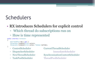 SchedulersRX introduces Schedulers for explicit control Which thread do subscriptions run onHow is time representedControlSchedulerCurrentThreadSchedulerDispatcherSchedulerImmediateSchedulerNewThreadSchedulerSynchronizationContextSchedulerTaskPoolSchedulerThreadPoolScheduler