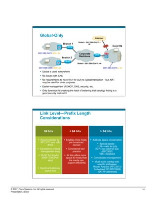Global-Only
                                                                                                                                   Internet
                                                                                                                 Global – 2001:DB8:CAFE::/
                                                                                         Branch 1                            48
                                                                                                                                                       Corp HQ


                                2001:DB8:CAFE:2800::/64                                                          Corporate
                                                                                                                 Backbone
                                                                                      Branch 2

                                                                                                                Global – 2001:DB8:CAFE::/48

                                  2001:DB8:CAFE:3000::/64                                                                                     2001:DB8:CAFE:2::/64

                                      Global is used everywhere
                                      No issues with SAS
                                      No requirements to have NAT for ULA-to-Global translation—but, NAT
                                       may be used for other purposes
                                      Easier management of DHCP, DNS, security, etc.
                                      Only downside is breaking the habit of believing that topology hiding is a
                                       good security method 
                          Presentation_ID   © 2007 Cisco Systems, Inc. All rights reserved.      Cisco Public                                                   19




                                    Link Level—Prefix Length
                                    Considerations


                                            64 bits                                                  < 64 bits                           > 64 bits

                                  Recommended by                                           Enables more hosts                 Address space conservation
                                   RFC3177 and IAB/                                            per broadcast
                                                                                                                                        Special cases:
                                        IESG                                                       domain
                                                                                                                                      /126—valid for p2p
                                 Consistency makes                                              Considered bad                    /127—not valid for p2p
                                   management easy                                                   practice                              (RFC3627)
                                                                                                                                        /128—loopback
                                   MUST for SLAAC                                              64 bits offers more
                                    (MSFT DHCPv6                                                space for hosts than             Complicates management
                                         also)                                                     the media can
                                                                                                  support efficiently             Must avoid overlap with
                                                                                                                                     specific addresses:
                                                                                                                                 Router Anycast (RFC3513)
                                 Significant Address
                                                                                                                                  Embedded RP (RFC3956)
                                      space loss                                                                                     ISATAP addresses

                          Presentation_ID   © 2007 Cisco Systems, Inc. All rights reserved.      Cisco Public                                                   20




© 2007, Cisco Systems, Inc. All rights reserved.                                                                                                                     10
Presentation_ID.scr
 