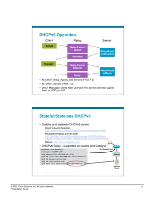 DHCPv6 Operation
                                                 Client                                                          Relay         Server
                                                  Solicit
                                                                                                         Relay-Fwd w/
                                                                                                            Solicit
                                                                                                                             Relay-Reply
                                                                                                                             w/Advertise
                                                                                                                Advertise


                                              Request
                                                                                                         Relay-Fwd w/
                                                                                                           Request
                                                                                                                             Relay-Reply
                                                                                                                               w/Reply
                                                                                                                 Reply
                                      All_DHCP_Relay_Agents_and_Servers (FF02::1:2)
                                      All_DHCP_Servers (FF05::1:3)
                                      DHCP Messages: clients listen UDP port 546; servers and relay agents
                                       listen on UDP port 547
                          Presentation_ID      © 2007 Cisco Systems, Inc. All rights reserved.   Cisco Public                                         25




                                    Stateful/Stateless DHCPv6
                                      Stateful and stateless DHCPv6 server
                                                Cisco Network Registrar:
                                                http://www.cisco.com/en/US/products/sw/netmgtsw/ps1982/
                                                Microsoft Windows Server 2008:
                                                http://technet2.microsoft.com/windowsserver2008/en/library/
                                                bab0f1a1-54aa-4cef-9164-139e8bcc44751033.mspx?mfr=true
                                                Dibbler: http://klub.com.pl/dhcpv6/
                                      DHCPv6 Relay—supported on routers and Catalyst
                                       interface FastEthernet0/1                                                            IPv6 Enabled Host
                                            description CLIENT LINK
                                            ipv6 address 2001:DB8:CAFE:11::1/64                                                                 Network
                                            ipv6 nd prefix 2001:DB8:CAFE:11::/64 no-advertise
                                            ipv6 nd managed-config-flag
                                            ipv6 nd other-config-flag
                                            ipv6 dhcp relay destination 2001:DB8:CAFE:10::2
                                                                                                                                                DHCPv6
                                                                                                                                                 Server



                          Presentation_ID      © 2007 Cisco Systems, Inc. All rights reserved.   Cisco Public                                         26




© 2007, Cisco Systems, Inc. All rights reserved.                                                                                                           13
Presentation_ID.scr
 
