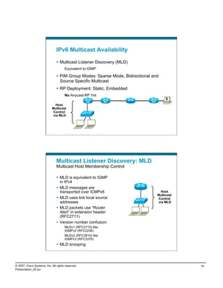 IPv6 Multicast Availability

                                      Multicast Listener Discovery (MLD)
                                             Equivalent to IGMP

                                      PIM Group Modes: Sparse Mode, Bidirectional and
                                       Source Specific Multicast
                                      RP Deployment: Static, Embedded
                                             No Anycast-RP Yet
                                                                                                                            S
                                                                                   DR                        RP   DR
                              Host
                             Multicast
                             Control
                             via MLD




                          Presentation_ID   © 2007 Cisco Systems, Inc. All rights reserved.   Cisco Public                      35




                                    Multicast Listener Discovery: MLD
                                    Multicast Host Membership Control

                                      MLD is equivalent to IGMP
                                       in IPv4
                                      MLD messages are
                                       transported over ICMPv6                                                          Host
                                                                                                                       Multicast
                                      MLD uses link local source                                                      Control
                                       addresses                                                                       via MLD
                                      MLD packets use “Router
                                       Alert” in extension header
                                       (RFC2711)
                                      Version number confusion:
                                             MLDv1 (RFC2710) like
                                             IGMPv2 (RFC2236)
                                             MLDv2 (RFC3810) like
                                             IGMPv3 (RFC3376)
                                      MLD snooping
                          Presentation_ID   © 2007 Cisco Systems, Inc. All rights reserved.   Cisco Public                      36




© 2007, Cisco Systems, Inc. All rights reserved.                                                                                     18
Presentation_ID.scr
 