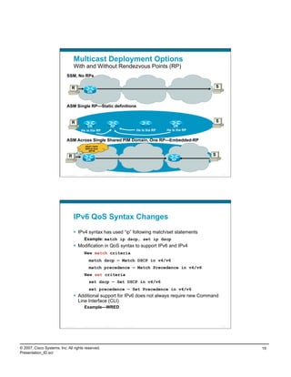 Multicast Deployment Options
                                    With and Without Rendezvous Points (RP)
                            SSM, No RPs

                                  R                                                                                                         S
                                                   DR



                            ASM Single RP—Static definitions


                                  R                                                                                                         S
                                                DR                                RP                                             DR
                                            He is the RP                                                      He is the RP   He is the RP


                            ASM Across Single Shared PIM Domain, One RP—Embedded-RP
                                                Alert! I want
                                                GRP=A from
                                                   RP=B

                               R                                                                                                            S
                                                 DR                                                                             RP



                          Presentation_ID    © 2007 Cisco Systems, Inc. All rights reserved.   Cisco Public                                     37




                                    IPv6 QoS Syntax Changes
                                      IPv4 syntax has used “ip” following match/set statements
                                              Example: match ip dscp, set ip dscp
                                      Modification in QoS syntax to support IPv6 and IPv4
                                              New match criteria
                                                    match dscp — Match DSCP in v4/v6
                                                    match precedence — Match Precedence in v4/v6
                                              New set criteria
                                                    set dscp — Set DSCP in v4/v6
                                                    set precedence — Set Precedence in v4/v6
                                      Additional support for IPv6 does not always require new Command
                                       Line Interface (CLI)
                                              Example—WRED



                          Presentation_ID    © 2007 Cisco Systems, Inc. All rights reserved.   Cisco Public                                     38




© 2007, Cisco Systems, Inc. All rights reserved.                                                                                                     19
Presentation_ID.scr
 
