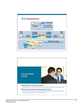 IPv6 Coexistence
                                                                                                                         Dual Stack

                                                                                                                   IPv4: 192.168.99.1
                                                                                      IPv6/IPv4
                                                                                                                  IPv6: 2001:db8:1::1/64




                               IPv6                                              Configured                               Configured                         IPv6
                               Host                                             Tunnel/MPLS                              Tunnel/MPLS                         Host
                                                                                 (6PE/6VPE)                               (6PE/6VPE)
                                                      IPv6                                                   MPLS/IPv4                      IPv6
                                                     Network                                                                               Network



                                                            IPv4                                                              ISATAP Tunneling
                                                                                                                   (Intra-Site Automatic Tunnel Addressing Protocol)


                                                                    IPv6
                                            ISATAP
                                             Router


                          Presentation_ID   © 2007 Cisco Systems, Inc. All rights reserved.   Cisco Public                                                             41




                                    Campus/Data
                                    Center



                                    Deploying IPv6 in Campus Networks:
                                     http://www.cisco.com/univercd/cc/td/doc/solution/campipv6.pdf
                                    ESE Campus Design and Implementation Guides:
                                     http://www.cisco.com/en/US/netsol/ns656/networking_solutions_
                                     design_guidances_list.html#anchor2
                          Presentation_ID   © 2007 Cisco Systems, Inc. All rights reserved.   Cisco Public                                                             42




© 2007, Cisco Systems, Inc. All rights reserved.                                                                                                                            21
Presentation_ID.scr
 