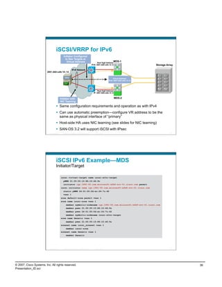 iSCSI/VRRP for IPv6
                                                Initiator Configured
                                                  to See Targets at
                                                   Virtual Address                                      Real GigE Address
                                                                                                                         MDS-1
                                                                                                 IPv6: 2001:db8:cafe:12::5                                        Storage Array
                                                              IPv6 Network                                                                      FC SAN
                         2001:db8:cafe:10::14
                                                                                                                                                         pWWN a
                                                  iSCSI
                                                                                                                         Virtual Address
                                                                                                                    IPv6: 2001:db8:cafe:12::5




                                                                                                        Real GigE Address
                                                                                                   IP: 2001:db8:cafe:12::6


                                             Initiator with                                                                  MDS-2
                                             NIC Teaming
                                       Same configuration requirements and operation as with IPv4
                                       Can use automatic preemption—configure VR address to be the
                                        same as physical interface of “primary”
                                       Host-side HA uses NIC teaming (see slides for NIC teaming)
                                       SAN-OS 3.2 will support iSCSI with IPsec
                           Presentation_ID     © 2007 Cisco Systems, Inc. All rights reserved.       Cisco Public                                                           71




                                     iSCSI IPv6 Example—MDS
                                     Initiator/Target

                                             iscsi virtual-target name iscsi-atto-target
                                                pWWN 21:00:00:10:86:10:46:9c
                                                initiator iqn.1991-05.com.microsoft:w2k8-svr-01.cisco.com permit
                                             iscsi initiator name iqn.1991-05.com.microsoft:w2k8-svr-01.cisco.com
                                                static pWWN 24:01:00:0d:ec:24:7c:42
                                                vsan 1
                                             zone default-zone permit vsan 1
                                             zone name iscsi-zone vsan 1
                                                   member symbolic-nodename iqn.1991-05.com.microsoft:w2k8-svr-01.cisco.com
                                                   member pwwn 21:00:00:10:86:10:46:9c
                                                   member pwwn 24:01:00:0d:ec:24:7c:42
                                                 member symbolic-nodename iscsi-atto-target
                                             zone name Generic vsan 1
                                                   member pwwn 21:00:00:10:86:10:46:9c
                                             zoneset name iscsi_zoneset vsan 1
                                                 member iscsi-zone
                                             zoneset name Generic vsan 1
                                                   member Generic




                           Presentation_ID     © 2007 Cisco Systems, Inc. All rights reserved.       Cisco Public                                                           72




© 2007, Cisco Systems, Inc. All rights reserved.                                                                                                                                  36
Presentation_ID.scr
 