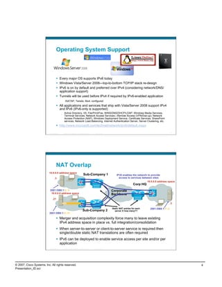 Operating System Support



                                       Every major OS supports IPv6 today
                                       Windows Vista/Server 2008—top-to-bottom TCP/IP stack re-design
                                       IPv6 is on by default and preferred over IPv4 (considering network/DNS/
                                        application support)
                                       Tunnels will be used before IPv4 if required by IPv6-enabled application
                                               ISATAP, Teredo, 6to4, configured
                                       All applications and services that ship with Vista/Server 2008 support IPv4
                                        and IPv6 (IPv6-only is supported)
                                             Active Directory, IIS, File/Print/Fax, WINS/DNS/DHCP/LDAP, Windows Media Services,
                                             Terminal Services, Network Access Services—Remote Access (VPN/Dial-up), Network
                                             Access Protection (NAP), Windows Deployment Service, Certificate Services, SharePoint
                                             services, Network Load-Balancing, Internet Authentication Server, Server Clustering, etc.
                                       http://www.microsoft.com/technet/network/ipv6/default.mspx

                          Presentation_ID   © 2007 Cisco Systems, Inc. All rights reserved.   Cisco Public                                                     7




                                     NAT Overlap
                          10.0.0.0 address space
                                                                               Sub-Company 1                     IPv6 enables the network to provide
                                 .3                                                                                access to services between sites
                                                                                                                                          10.0.0.0 address space
                                                                                                                                 Corp HQ
                           2001:DB8:1:2::3                                                                   Corporate
                            10.0.0.0 address space                                                           Backbone
                               .21
                                                                                                                                                              .3

                                                                                                             Static NAT entries for each    2001:DB8:1:1::3
                                                                              Sub-Company 2                    server X how many??
                          2001:DB8:1:3::21

                                       Merger and acquisition complexity force many to leave existing
                                        IPv4 address space in place vs. full integration/consolidation
                                       When server-to-server or client-to-server service is required then
                                        single/double static NAT translations are often required
                                       IPv6 can be deployed to enable service access per site and/or per
                                        application
                          Presentation_ID   © 2007 Cisco Systems, Inc. All rights reserved.   Cisco Public                                                     8




© 2007, Cisco Systems, Inc. All rights reserved.                                                                                                                   4
Presentation_ID.scr
 