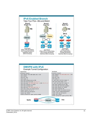 IPv6 Enabled Branch
                                    Take Your Pick—Mix-and-Match
                                         Branch                                                               Branch                            Branch
                                       Single Tier                                                           Dual Tier                         Multi-Tier

                                                         HQ                                                          HQ                                   HQ

                                                                                                                                                MPLS
                                                                                               Internet            Frame
                                        Internet




                                 Dual-Stack                                                                                                    Dual-Stack
                            IPSec VPN (IPv4/IPv6)                                                     Dual-Stack                             IPSec VPN or
                           IOS Firewall (IPv4/IPv6)                                           IPSec VPN or Frame Relay                     MPLS (6PE/6VPE)
                              Integrated Switch                                                 IOS Firewall (IPv4/IPv6)                  Firewall (IPv4/IPv6)
                               (MLD-snooping)                                                  Switches (MLD-snooping)                  Switches (MLD-snooping)
                          Presentation_ID   © 2007 Cisco Systems, Inc. All rights reserved.   Cisco Public                                                      85




                                    DMVPN with IPv6
                                    Example Tunnel Configuration
                          Spoke Router                                                                                     Hub Router
                         interface Tunnel0                                                                                 interface Tunnel0
                          ipv6 address 2001:DB8:CAFE:1261::2/64                                                             ipv6 address 2001:DB8:CAFE:1261::1/64
                          ipv6 enable                                                                                       ipv6 enable
                          ipv6 mtu 1400                                                                                     ipv6 mtu 1400
                          ipv6 eigrp 10                                                                                     ipv6 eigrp 10
                          ipv6 nhrp authentication ESE                                                                      no ipv6 split-horizon eigrp 10
                          ipv6 nhrp map multicast 172.17.1.3                                                                ipv6 hold-time eigrp 10 35
                          ipv6 nhrp map 2001:DB8:CAFE:1261::1/128 172.17.1.3                                                no ipv6 next-hop-self eigrp 10
                          ipv6 nhrp network-id 100000                                                                       ipv6 nhrp authentication ESE
                          ipv6 nhrp holdtime 600                                                                            ipv6 nhrp map multicast dynamic
                          ipv6 nhrp nhs 2001:DB8:CAFE:1261::1                                                               ipv6 nhrp network-id 100000
                          ipv6 nhrp cache non-authoritative                                                                 ipv6 nhrp holdtime 600
                          tunnel source 172.16.1.2                                                                          ipv6 nhrp cache non-authoritative
                          tunnel mode gre multipoint                                                                        tunnel source GigabitEthernet0/1
                          tunnel key 100000                                                                                 tunnel mode gre multipoint
                          tunnel protection ipsec profile SPOKE                                                             tunnel key 100000
                                                                                                                            tunnel protection ipsec profile HUB



                                             Spoke                                                              Internet                       Hub

                          Presentation_ID   © 2007 Cisco Systems, Inc. All rights reserved.   Cisco Public                                                      86




© 2007, Cisco Systems, Inc. All rights reserved.                                                                                                                     43
Presentation_ID.scr
 