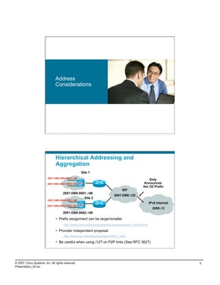 Address
                                    Considerations




                          Presentation_ID   © 2007 Cisco Systems, Inc. All rights reserved.   Cisco Public                                       9




                                    Hierarchical Addressing and
                                    Aggregation
                                                                             Site 1
                         2001:DB8:0001:0001::/64
                                                                                                                                 Only
                         2001:DB8:0001:0002::/64                                                                              Announces
                                                                                                                             the /32 Prefix
                                                                                                                 ISP
                                            2001:DB8:0001::/48
                                                                                                             2001:DB8::/32
                                                        Site 2
                         2001:DB8:0002:0001::/64
                                                                                                                                IPv6 Internet
                         2001:DB8:0002:0002::/64
                                                                                                                                   2000::/3
                                            2001:DB8:0002::/48
                                      Prefix assignment can be larger/smaller
                                             http://www.icann.org/announcements/announcement-12oct06.htm

                                      Provider independent proposal:
                                             http://www.arin.net/policy/proposals/2005_1.html

                                      Be careful when using /127 on P2P links (See RFC 3627)
                          Presentation_ID   © 2007 Cisco Systems, Inc. All rights reserved.   Cisco Public                                      10




© 2007, Cisco Systems, Inc. All rights reserved.                                                                                                     5
Presentation_ID.scr
 
