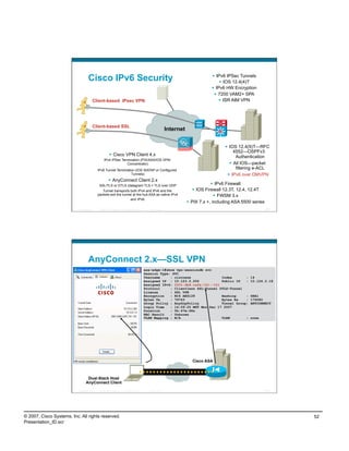 Cisco IPv6 Security                                                                                    IPv6 IPSec Tunnels
                                                                                                                                                IOS 12.4(4)T
                                                                                                                                           IPv6 HW Encryption
                                                                                                                                            7200 VAM2+ SPA
                                            Client-based IPsec VPN                                                                              ISR AIM VPN




                                            Client-based SSL
                                                                                                                  Internet


                                                                                                                                                  IOS 12.4(9)T—RFC
                                                                                                                                                      4552—OSPFv3
                                                            Cisco VPN Client 4.x                                                                      Authentication
                                                    IPv4 IPSec Termination (PIX/ASA/IOS VPN/
                                                                  Concentrator)                                                                      All IOS—packet
                                              IPv6 Tunnel Termination (IOS ISATAP or Configured
                                                                                                                                                       filtering e-ACL
                                                                   Tunnels)                                                                        IPv6 over DMVPN
                                                           AnyConnect Client 2.x
                                               SSL/TLS or DTLS (datagram TLS = TLS over UDP                                                  IPv6 Firewall
                                                 Tunnel transports both IPv4 and IPv6 and the                                      IOS Firewall 12.3T, 12.4, 12.4T
                                              packets exit the tunnel at the hub ASA as native IPv4                                            FWSM 3.x
                                                                    and IPv6.
                                                                                                                               PIX 7.x +, including ASA 5500 series
                          Presentation_ID      © 2007 Cisco Systems, Inc. All rights reserved.     Cisco Public                                                        103




                                    AnyConnect 2.x—SSL VPN
                                                                                                 asa-edge-1#show vpn-sessiondb svc
                                                                                                 Session Type: SVC
                                                                                                 Username     : ciscoese               Index       :        14
                                                                                                 Assigned IP : 10.123.2.200            Public IP   :        10.124.2.18
                                                                                                 Assigned IPv6: 2001:db8:cafe:101::101
                                                                                                 Protocol     : Clientless SSL-Tunnel DTLS-Tunnel
                                                                                                 License      : SSL VPN
                                                                                                 Encryption   : RC4 AES128             Hashing     :        SHA1
                                                                                                 Bytes Tx     : 79763                  Bytes Rx    :        176080
                                                                                                 Group Policy : AnyGrpPolicy           Tunnel Group:        ANYCONNECT
                                                                                                 Login Time   : 14:09:25 MST Mon Dec 17 2007
                                                                                                 Duration     : 0h:47m:48s
                                                                                                 NAC Result   : Unknown
                                                                                                 VLAN Mapping : N/A                    VLAN        :        none




                                                                                                                               Cisco ASA



                                   Dual-Stack Host
                                  AnyConnect Client

                          Presentation_ID      © 2007 Cisco Systems, Inc. All rights reserved.     Cisco Public                                                        104




© 2007, Cisco Systems, Inc. All rights reserved.                                                                                                                             52
Presentation_ID.scr
 