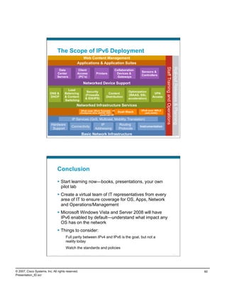 The Scope of IPv6 Deployment
                                                                    Web Content Management
                                                                 Applications & Application Suites




                                                                                                                                                       Roll-out Releases & Planning
                                                                                                                                                       Staff Training and Operations
                                     Data                         Client                                            Collaboration
                                                                                                                                      Sensors &
                                    Center                       Access                       Printers               Devices &
                                                                                                                                      Controllers
                                    Servers                       (PC’s)                                             Gateways

                                                                            Networked Device Support
                                              Load
                                                                                Security                                     Optimization
                          DNS &             Balancing                                                          Content                        VPN
                                                                               (Firewalls                                    (WAAS, SSL
                          DHCP              & Content                                                         Distribution                   Access
                                                                               & IDS/IPS)                                    acceleration)
                                            Switching
                                                                Networked Infrastructure Services
                                                                                    Deployment Dual-Stack
                                                                        IPv6 over IPv4 Tunnels                                        IPv6 over MPLS
                                                                      (Configured, 6to4, ISATAP, GRE)                                   (6PE/6VPE)
                                                                          Scenario
                                                        IP Services (QoS, Multicast, Mobility, Translation)
                           Hardware                                                              IP                    Routing
                                                       Connectivity                                                                  Instrumentation
                            Support                                                           Addressing               Protocols
                                                                         Basic Network Infrastructure                                                                119
                          Presentation_ID   © 2007 Cisco Systems, Inc. All rights reserved.    Cisco Public




                                    Conclusion

                                      Start learning now—books, presentations, your own
                                       pilot lab
                                      Create a virtual team of IT representatives from every
                                       area of IT to ensure coverage for OS, Apps, Network
                                       and Operations/Management
                                      Microsoft Windows Vista and Server 2008 will have
                                       IPv6 enabled by default—understand what impact any
                                       OS has on the network
                                      Things to consider:
                                             Full parity between IPv4 and IPv6 is the goal, but not a
                                             reality today
                                             Watch the standards and policies
                          Presentation_ID   © 2007 Cisco Systems, Inc. All rights reserved.    Cisco Public                                                          120




© 2007, Cisco Systems, Inc. All rights reserved.                                                                                                                                       60
Presentation_ID.scr
 