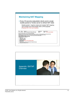 Maintaining NAT Mapping

                                      Every 30 seconds (adjustable) clients send a single
                                       bubble packet to Teredo server to refresh NAT state
                                             Bubble packet = Used to create and maintain NAT mapping
                                             and consists of an IPv6 header with no IPv6 payload
                                             (Payload 59—No next header)

                                   No. Time     Source                                                       Destination   Protocol Info
                                   35 46.399072 2001:0:4136:e37e:0:fbaa:b97e:fe4e                            ff02::1       IPv6 IPv6 no next header
                                   Frame 35 (82 bytes on wire, 82 bytes captured)
                                   Ethernet II, Src: Foxconn_2d:a1:4e (00:15:58:2d:a1:4e), Dst: 01:00:5e:00:00:fd (01:00:5e:00:00:fd)
                                   Internet Protocol, Src: 172.16.1.103 (172.16.1.103), Dst: 224.0.0.253 (224.0.0.253)
                                   User Datagram Protocol, Src Port: 1109 (1109), Dst Port: 3544 (3544)
                                   Teredo IPv6 over UDP tunneling
                                   Internet Protocol Version 6
                                      Version: 6
                                      Traffic class: 0x00
                                      Flowlabel: 0x00000
                                      Payload length: 0
                                      Next header: IPv6 no next header (0x3b)
                                      Hop limit: 21
                                      Source address: 2001:0:4136:e37e:0:fbaa:b97e:fe4e
                                      Destination address: ff02::1


                          Presentation_ID   © 2007 Cisco Systems, Inc. All rights reserved.   Cisco Public                                            139




                                    Appendix: ISATAP
                                    Overview




                          Presentation_ID   © 2007 Cisco Systems, Inc. All rights reserved.   Cisco Public                                            140




© 2007, Cisco Systems, Inc. All rights reserved.                                                                                                            70
Presentation_ID.scr
 