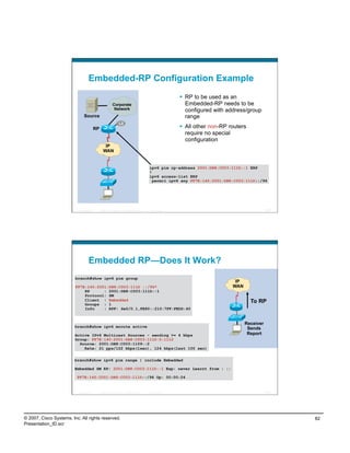 Embedded-RP Configuration Example
                                                                                                                    RP to be used as an
                                                               Corporate                                             Embedded-RP needs to be
                                                                Network                                              configured with address/group
                                Source                                                                               range
                                                                      L0
                                            RP                                                                      All other non-RP routers
                                                                                                                     require no special
                                                                                                                     configuration
                                                     IP
                                                    WAN


                                                                                                   ipv6 pim rp-address 2001:DB8:C003:111D::1 ERP
                                                                                                   !
                                                                                                   ipv6 access-list ERP
                                                                                                     permit ipv6 any FF7E:140:2001:DB8:C003:111D::/96




                          Presentation_ID        © 2007 Cisco Systems, Inc. All rights reserved.   Cisco Public                                         163




                                    Embedded RP—Does It Work?
                         branch#show ipv6 pim group
                                                                                                                                        IP
                         FF7E:140:2001:DB8:C003:111D ::/96*                                                                            WAN
                             RP      : 2001:DB8:C003:111D::1
                             Protocol: SM
                             Client : Embedded
                             Groups : 1
                                                                                                                                                To RP
                             Info    : RPF: Se0/0.1,FE80::210:7FF:FEDD:40


                                                                                                                                             Receiver
                         branch#show ipv6 mroute active                                                                                       Sends
                         Active IPv6 Multicast Sources - sending >= 4 kbps                                                                    Report
                         Group: FF7E:140:2001:DB8:C003:111D:0:1112
                           Source: 2001:DB8:C003:1109::2
                             Rate: 21 pps/122 kbps(1sec), 124 kbps(last 100 sec)

                         branch#show ipv6 pim range | include Embedded

                         Embedded SM RP: 2001:DB8:C003:111D::1 Exp: never Learnt from : ::

                          FF7E:140:2001:DB8:C003:111D::/96 Up: 00:00:24


                          Presentation_ID        © 2007 Cisco Systems, Inc. All rights reserved.   Cisco Public                                         164




© 2007, Cisco Systems, Inc. All rights reserved.                                                                                                              82
Presentation_ID.scr
 