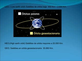 LEO; ( Low earth orbit) Satélites de orbita baja  400 Km – 2.000 Km. HEO;(High earth orbit) Satélites de orbita mayores a 20.000 Km. GEO; Satélites en orbita geoestacionaria  35.680 Km. 