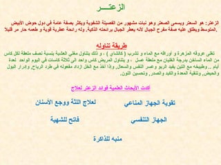 الزعتــــر الزعتر :  هو السعتر ويسمى الصعتر وهو نبات مشهور من الفصيلة الشفوية ويكثر بصفة عامة في دول حوض الأبيض المتوسط ويطلق عليه صفة مفرح الجبال لأنه يعطر الجبال برائحته الذكية .  وله رائحة عطرية قوية و طعمه حار مر قليلاً  .  طريقة تناوله   تغلى عروقه المزهرة و أوراقه مع الماء و تشرب  (  كالشاي  )  ، و ذلك بتناول مغلي العشبة بنسبة نصف ملعقة لكل كاس من الماء الساخن بدرجة الغليان مع ملعقة عسل  ، و يتناول المريض كاس واحد الى ثلاثة كاسات في اليوم الواحد  لعدة أيام  ..  وطبيخه مع التين يفيد الربو وعسر النفس والسعال ,  وإذا أخذ مع الخل ازداد مفعوله في طرد الرياح ,  وإدرار البول والحيض ,  وتنقية المعدة والكبد والصدر ,  وتحسين اللون . أكدت الأبحاث العلمية فوائد الزعتر لعلاج الجهاز التنفسي   تقوية الجهاز المناعي   فاتح للشهية   منبه للذاكرة   لعلاج اللثة ووجع الأسنان   