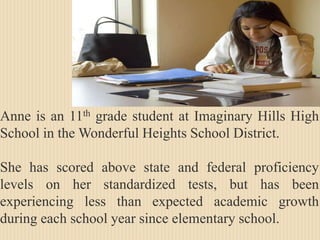 Anne is an 11th grade student at Imaginary Hills High School in the Wonderful Heights School District.She has scored above state and federal proficiency levels on her standardized tests, but has been experiencing less than expected academic growth during each school year since elementary school.  