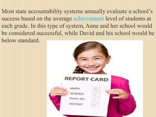 Most state accountability systems annually evaluate a school’s success based on the average achievement level of students at each grade. In this type of system, Anne and her school would be considered successful, while David and his school would be below standard.