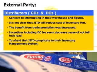 External Party;
Distributors ( GDs & DOs )
 - Concern to interrupting in their warehouse and figures.
 - It’s not clear that JITD will reduce cost of inventory Mnt.
 - The benefit from trade promotion was decreased.
 - Incentives including DC fee seem decrease cause of not full
   tuck load.
 - To afraid that JITD complicate to their Inventory
   Management System.
 
